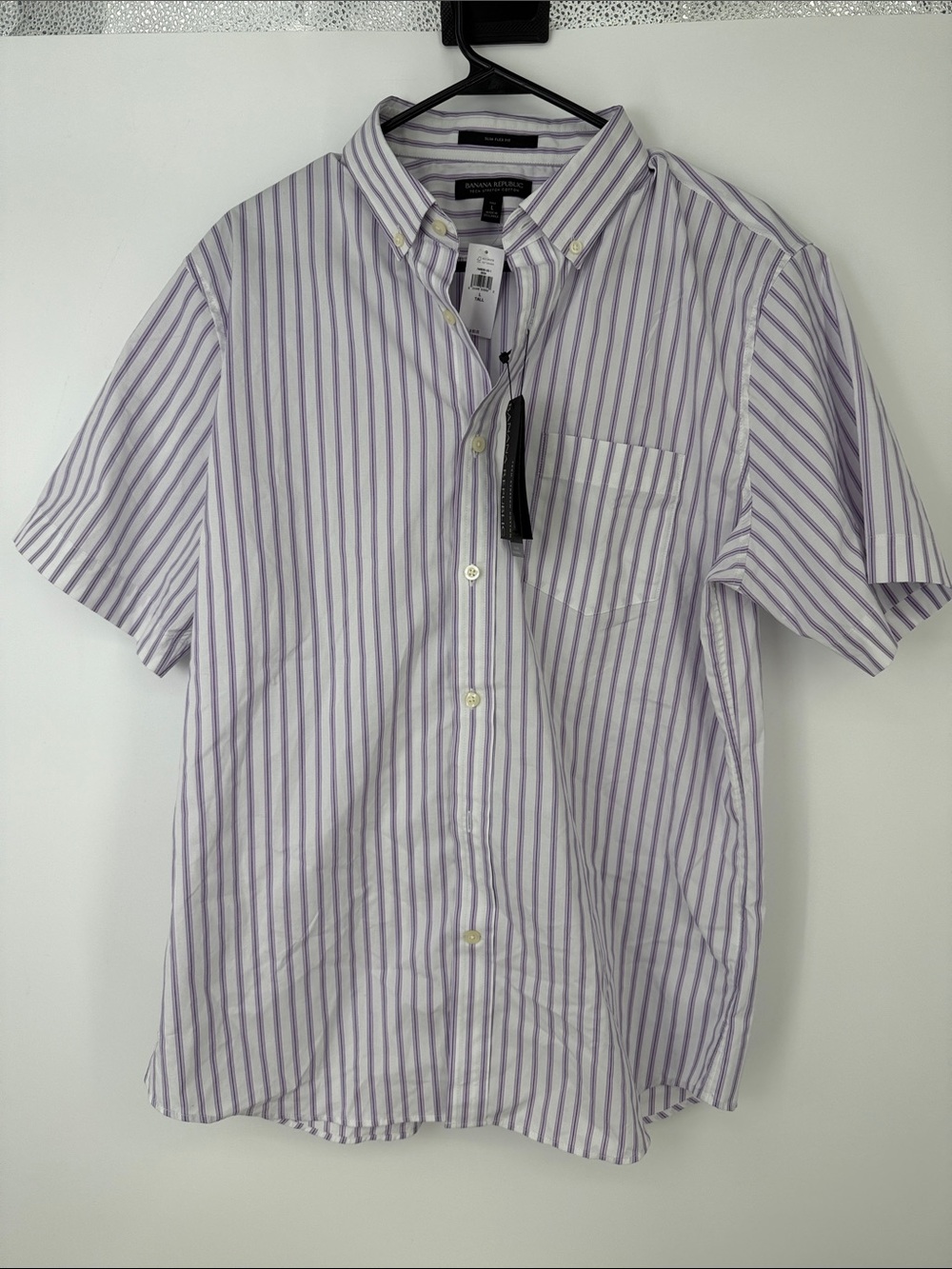 Banana Republic Men’s short sleeve slim flex fit purple striped Large Tall new